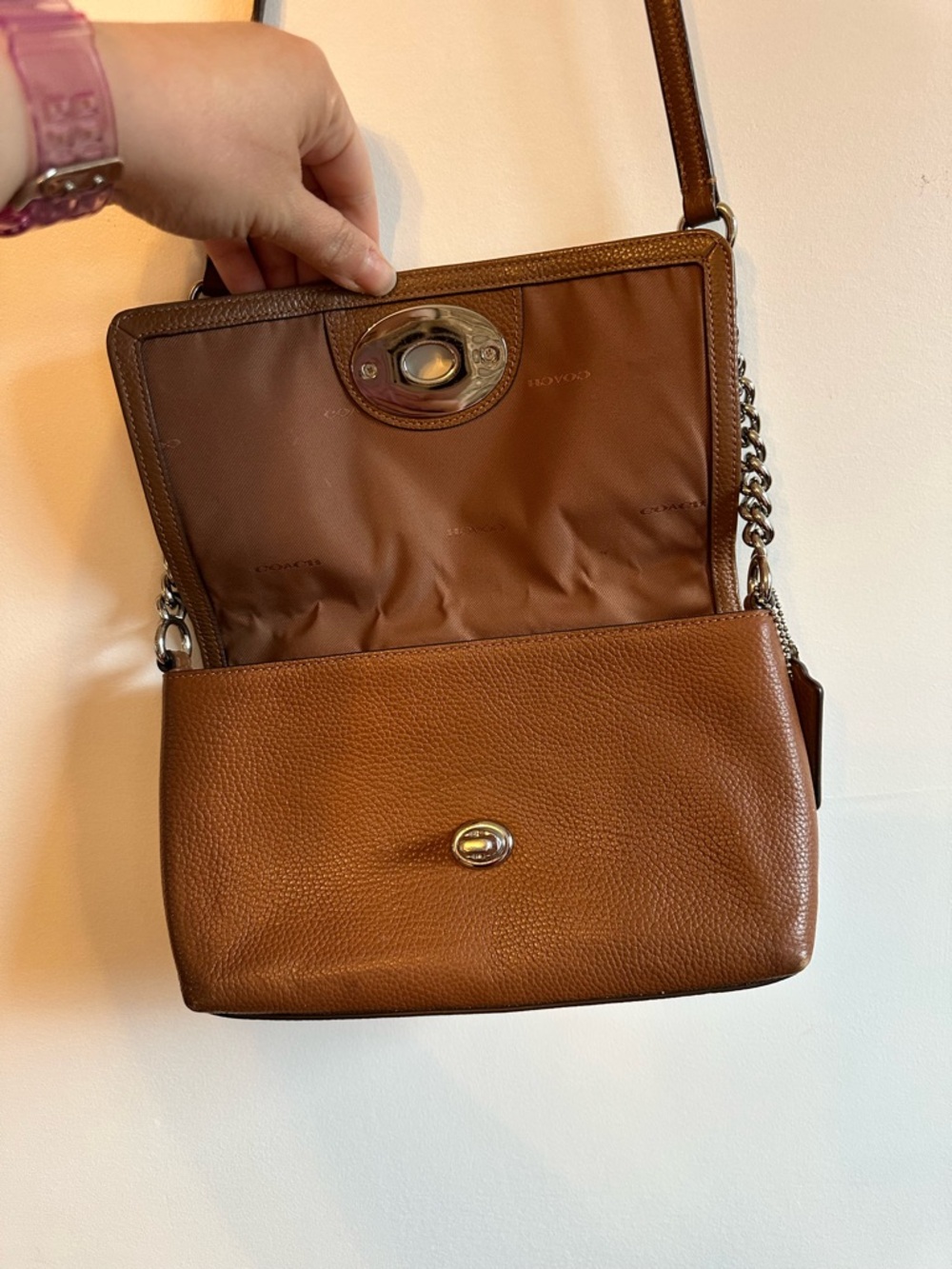 Coach Brown pebbled Leather Shoulder purse with Chain Strap - Picture 7 of 14